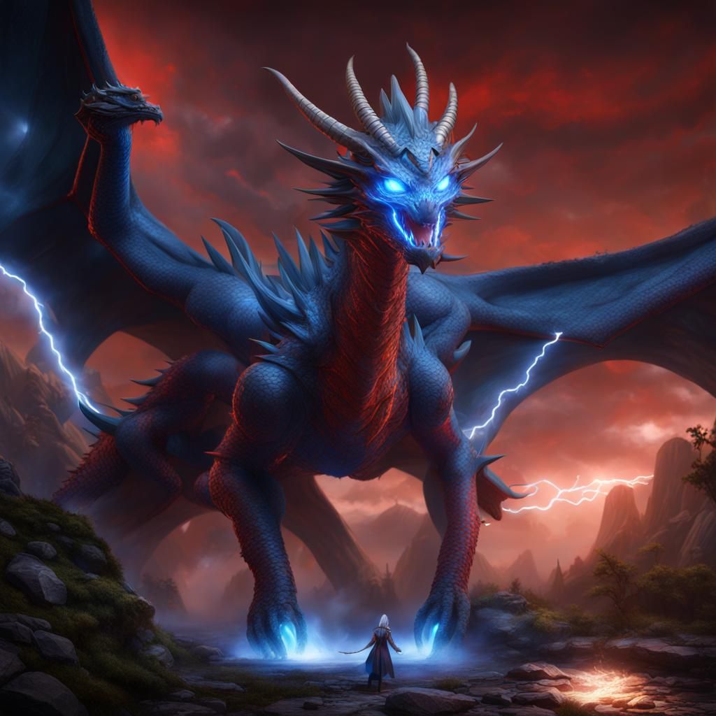 Blue Dragon Unleashes Lightning, Detailed Matte Painting