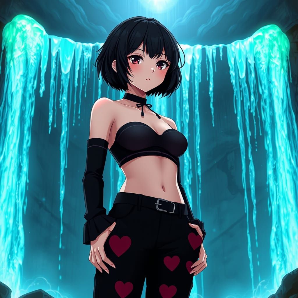 Anime Woman in Yami Kawaii Style by Waterfall