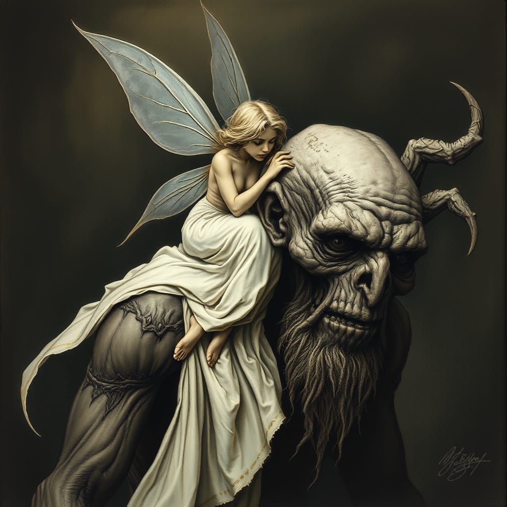 Fairy on Old Man in Haunting Dark Fantasy Style