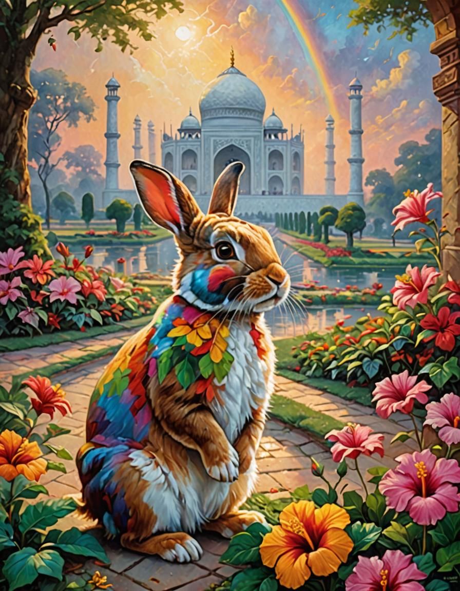 Rabbit at Taj Mahal in Flowing Colors