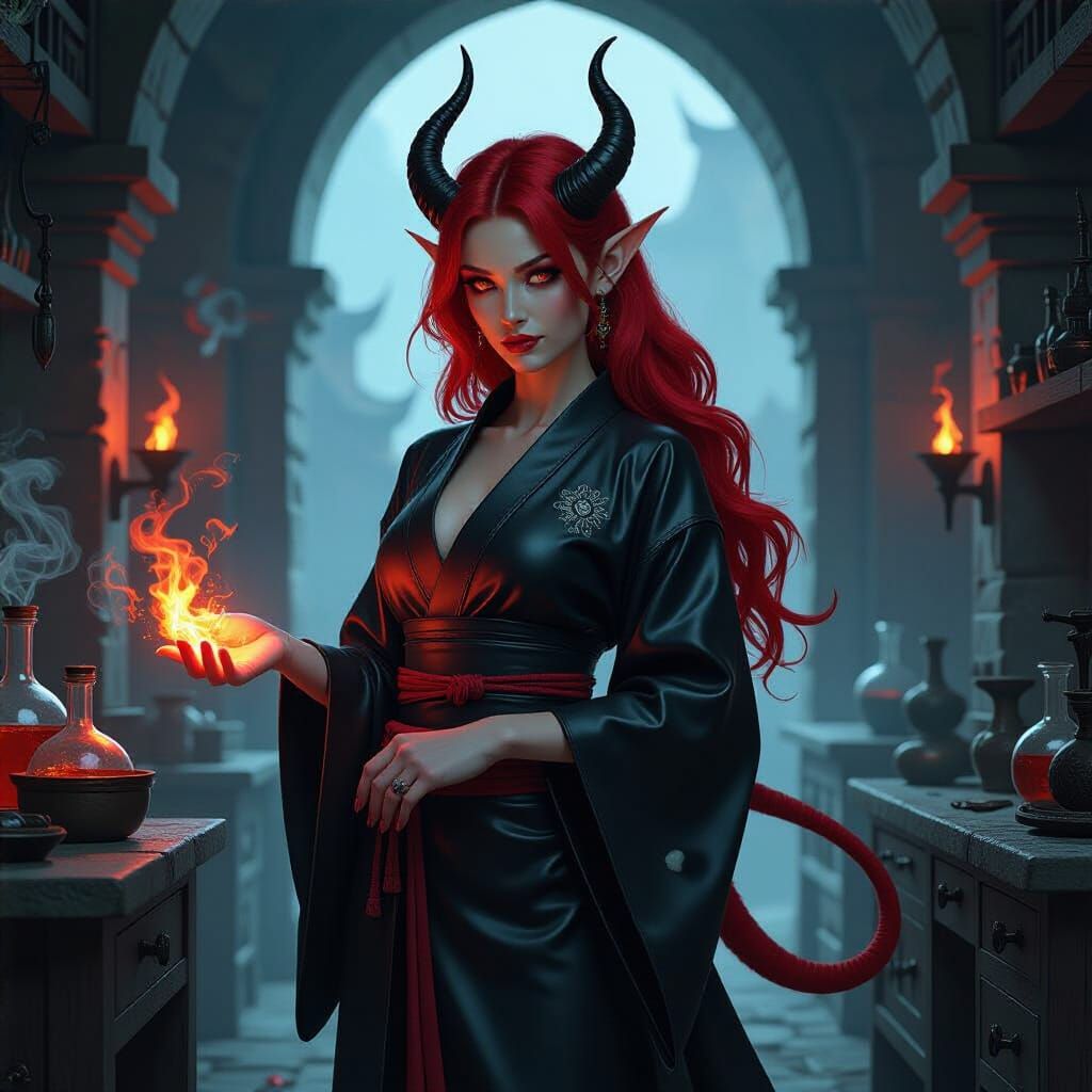 Tiefling Alchemist Mixing Explosives in Shadowy Laboratory