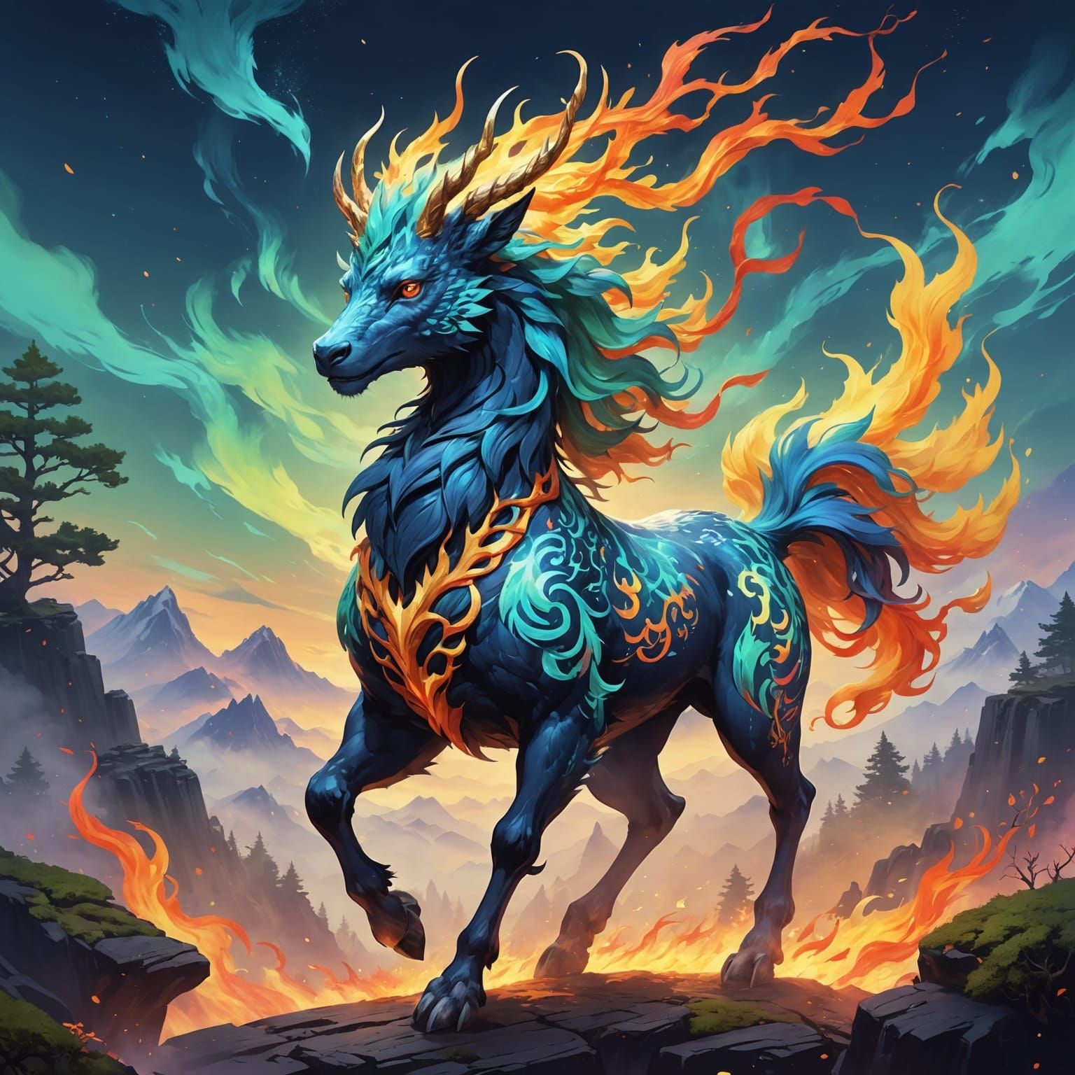 Majestic Kirin Leaping Through Aurora Sky in Anime Style