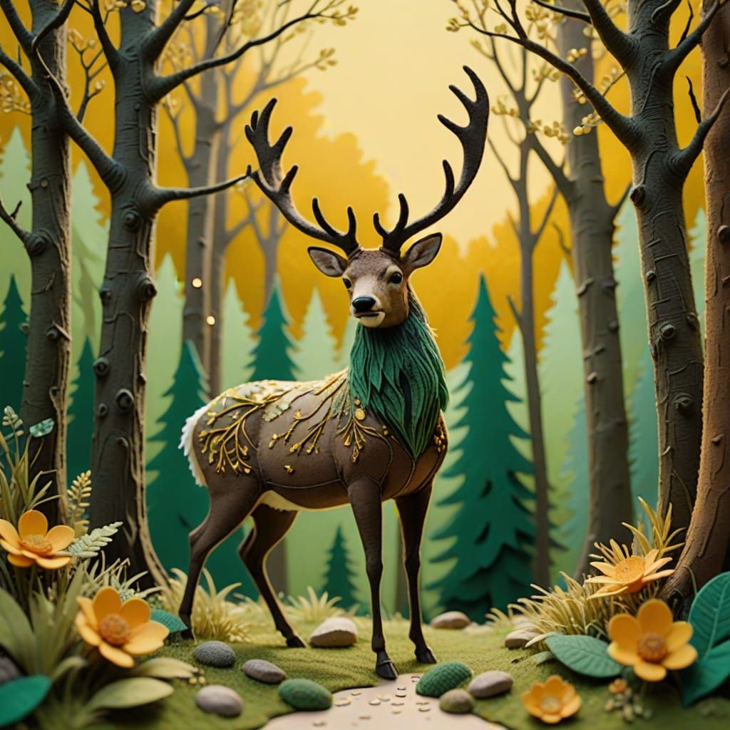 Studio Ghibli Inspired Felt Stag Forest Diorama