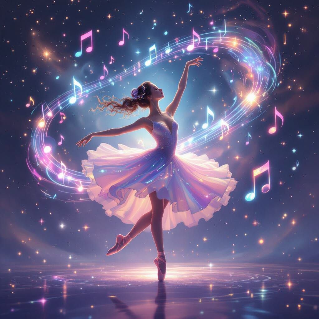 Ethereal Ballerina Dancing in Cosmic Ballet of Stardust
