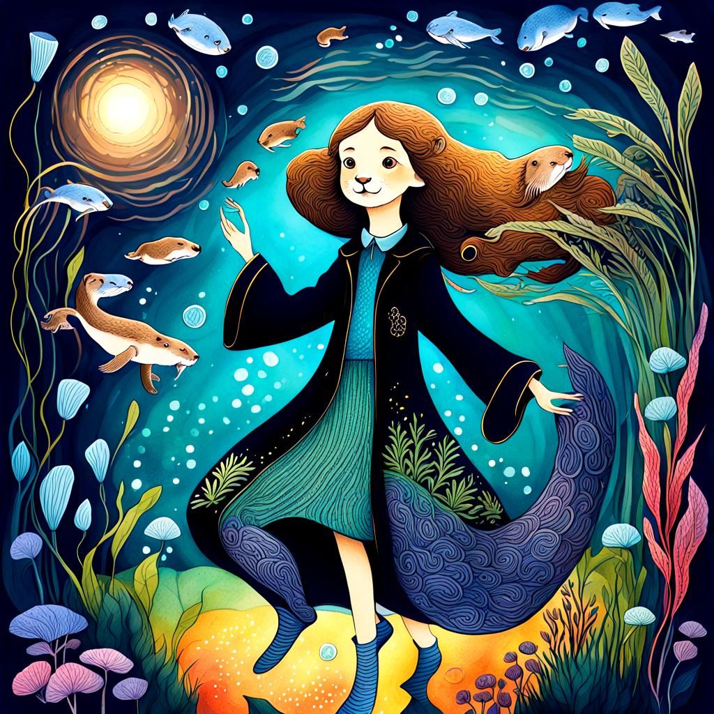 Whimsical Otter Illustration with Lush Vegetation