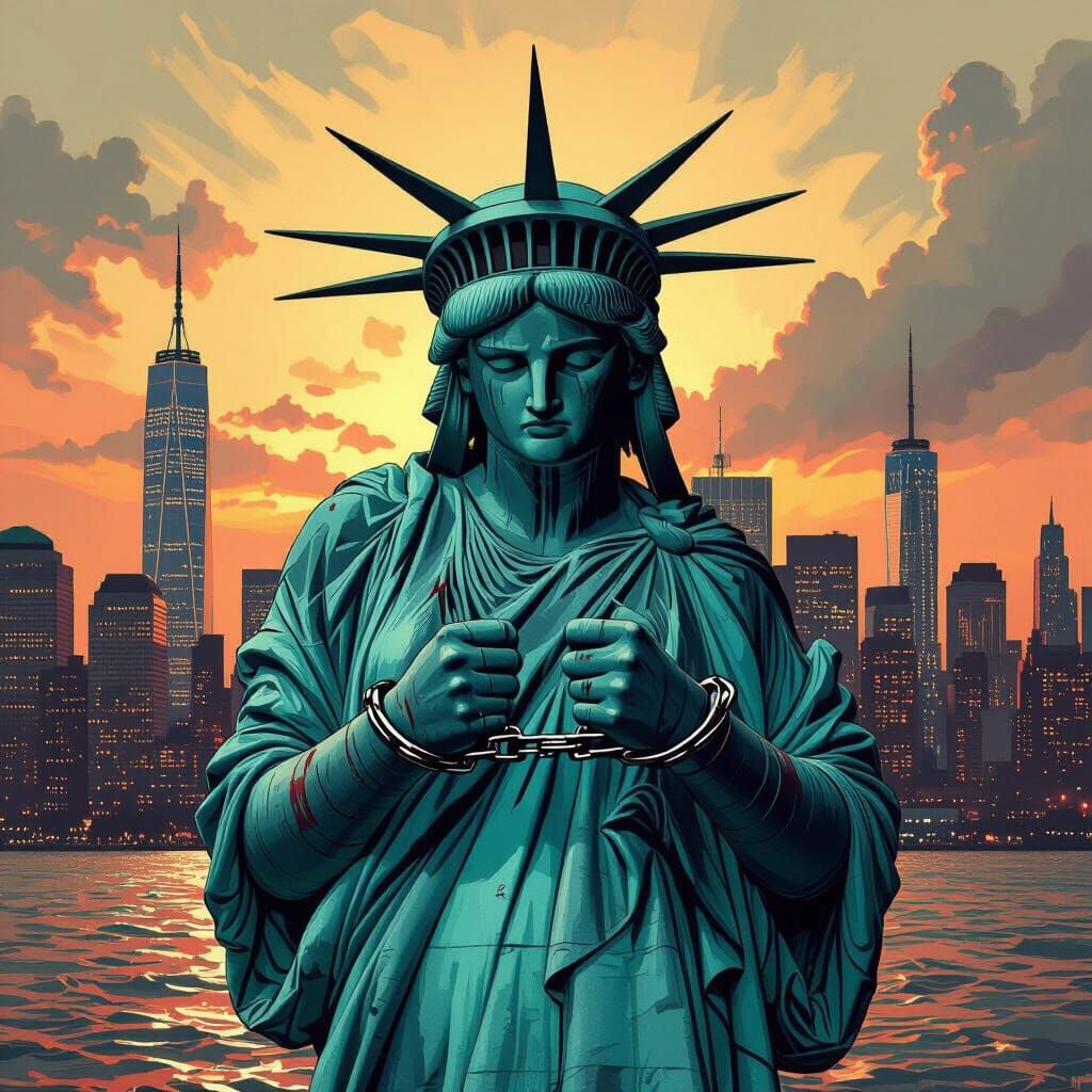 Distressed Statue of Liberty in Dark Futurism