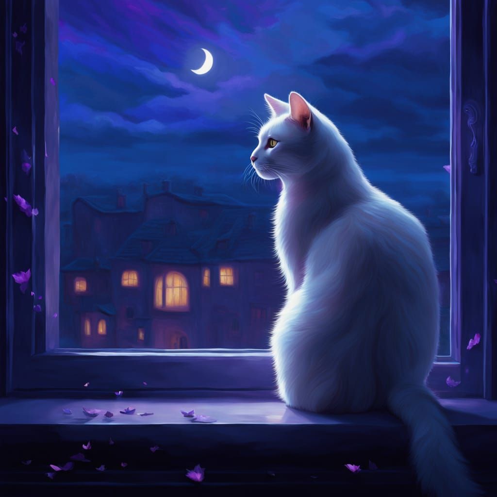 Elegant White Cat by Window at Dusk in Dreamlike Digital Pai...