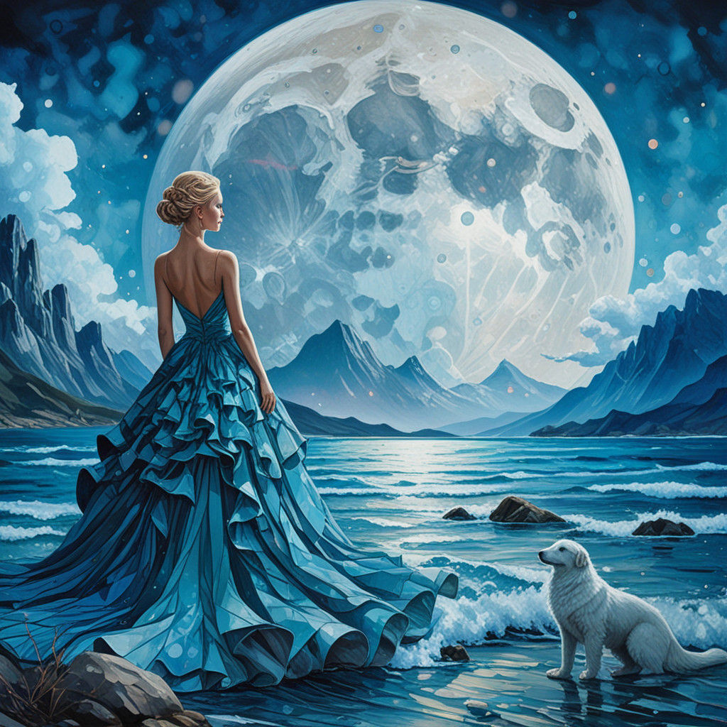 Ethereal Folk Art Dreamscape with Shimmering Ocean and Diamo...