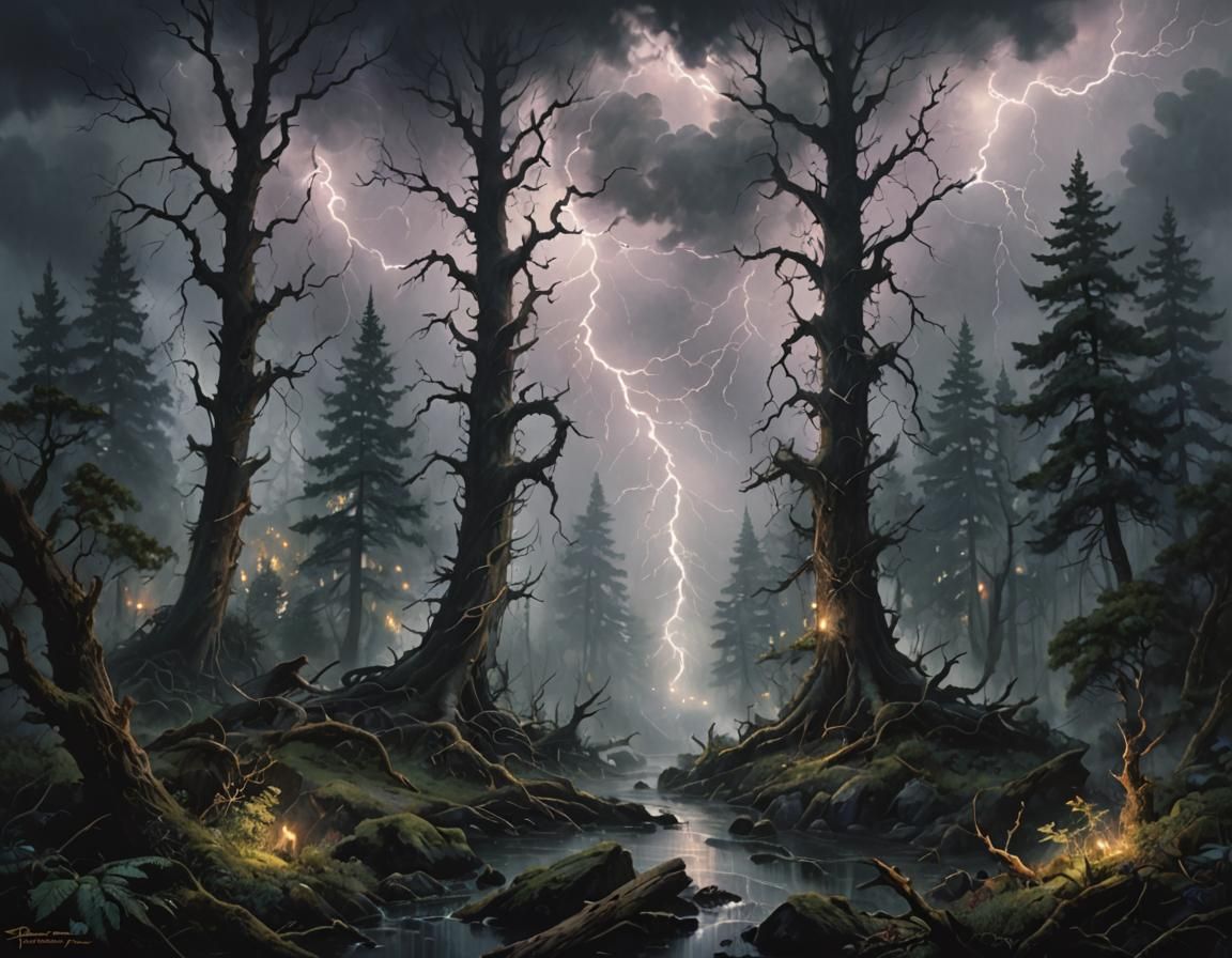 Ethereal Dark Forest Under Stormy Skies