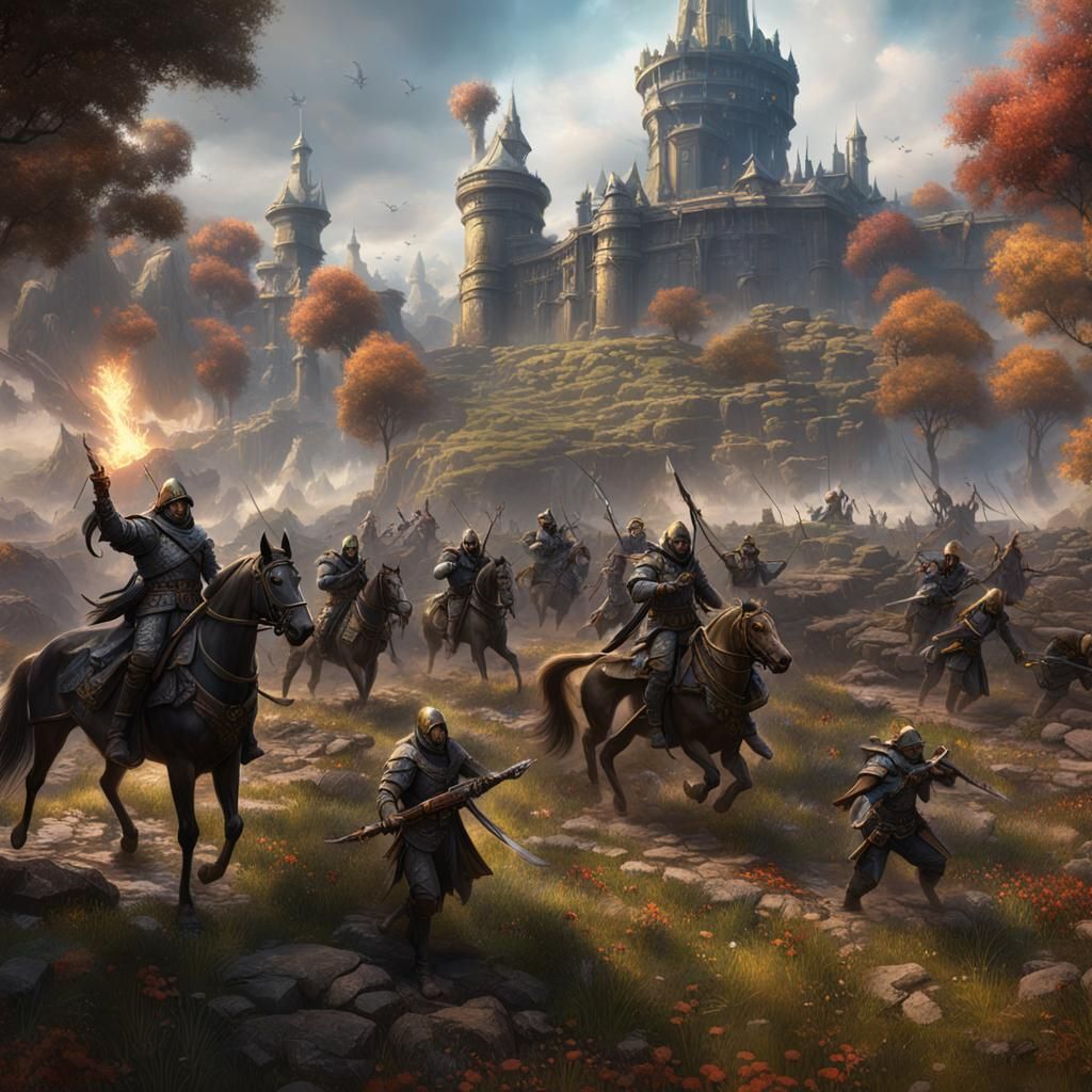 Fantasy Battlefield with Warriors and Mage