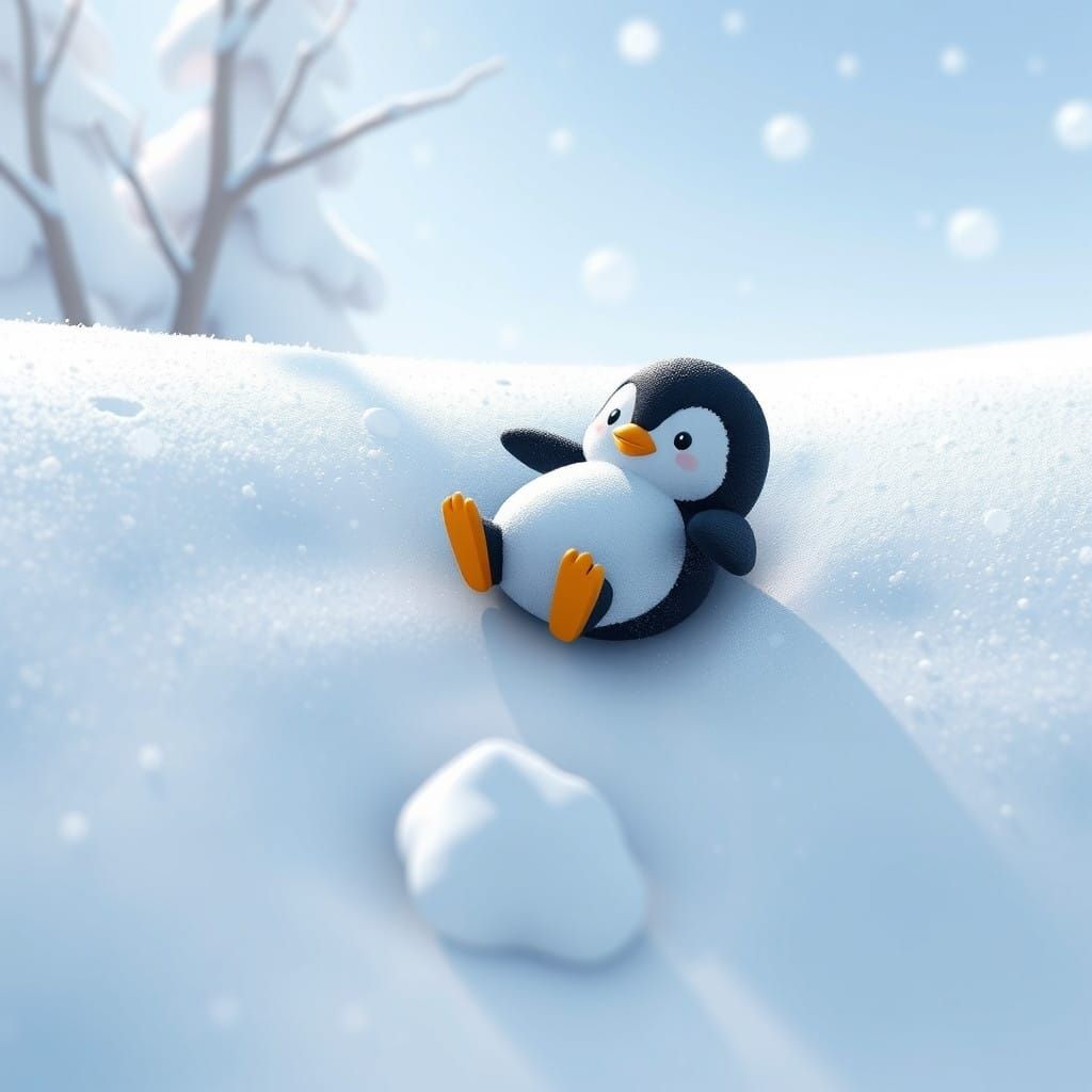 Cute Penguin Speeds Down Snowy Hill in 3D Anime Style