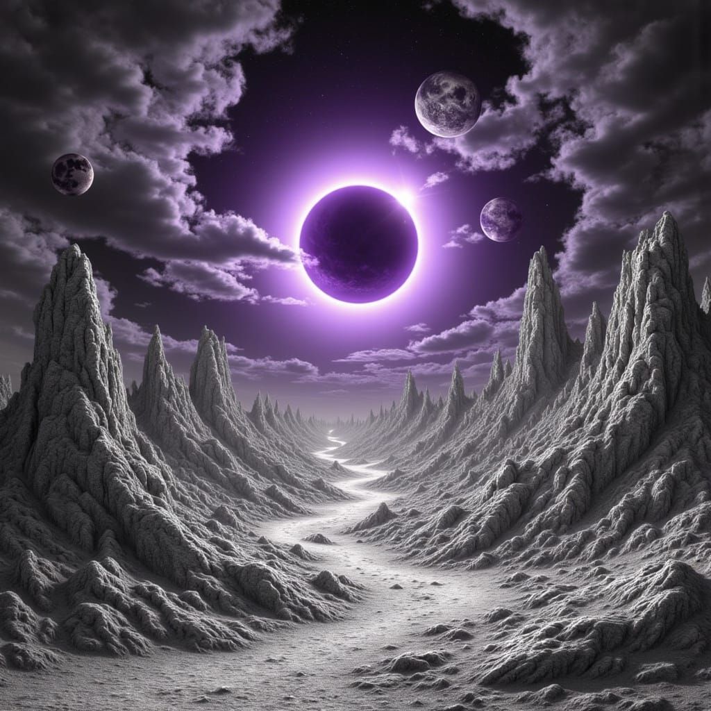 Surreal Cosmic Landscape with Lilac Eclipse