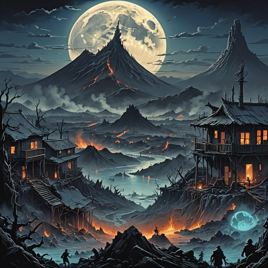 Eerie Full Moon Over Undead Volcanic Landscape