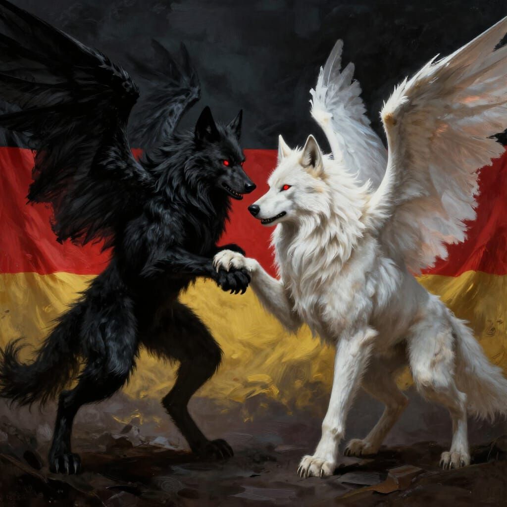 Werewolves Shaking Paws Under German Flag in Gothic Style