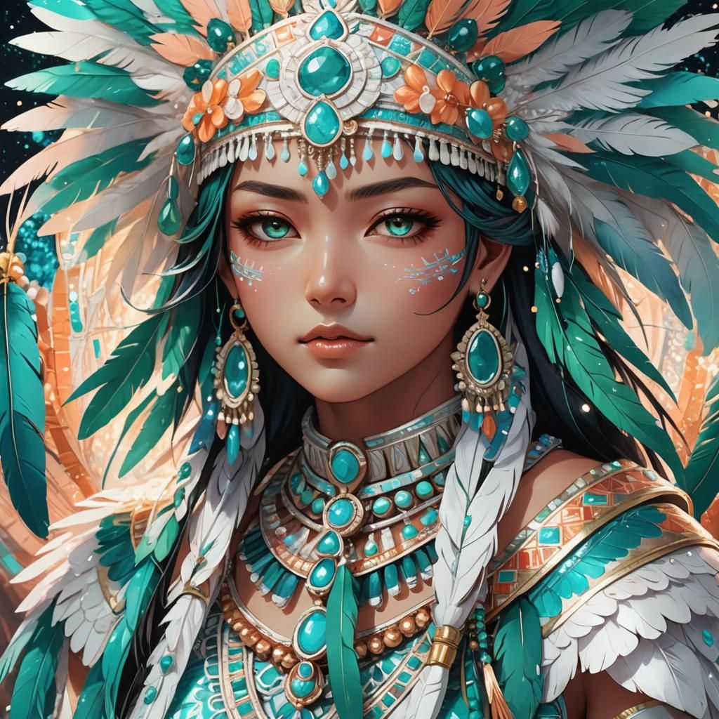 Aztec Woman in Anime Style with Emerald Feathers