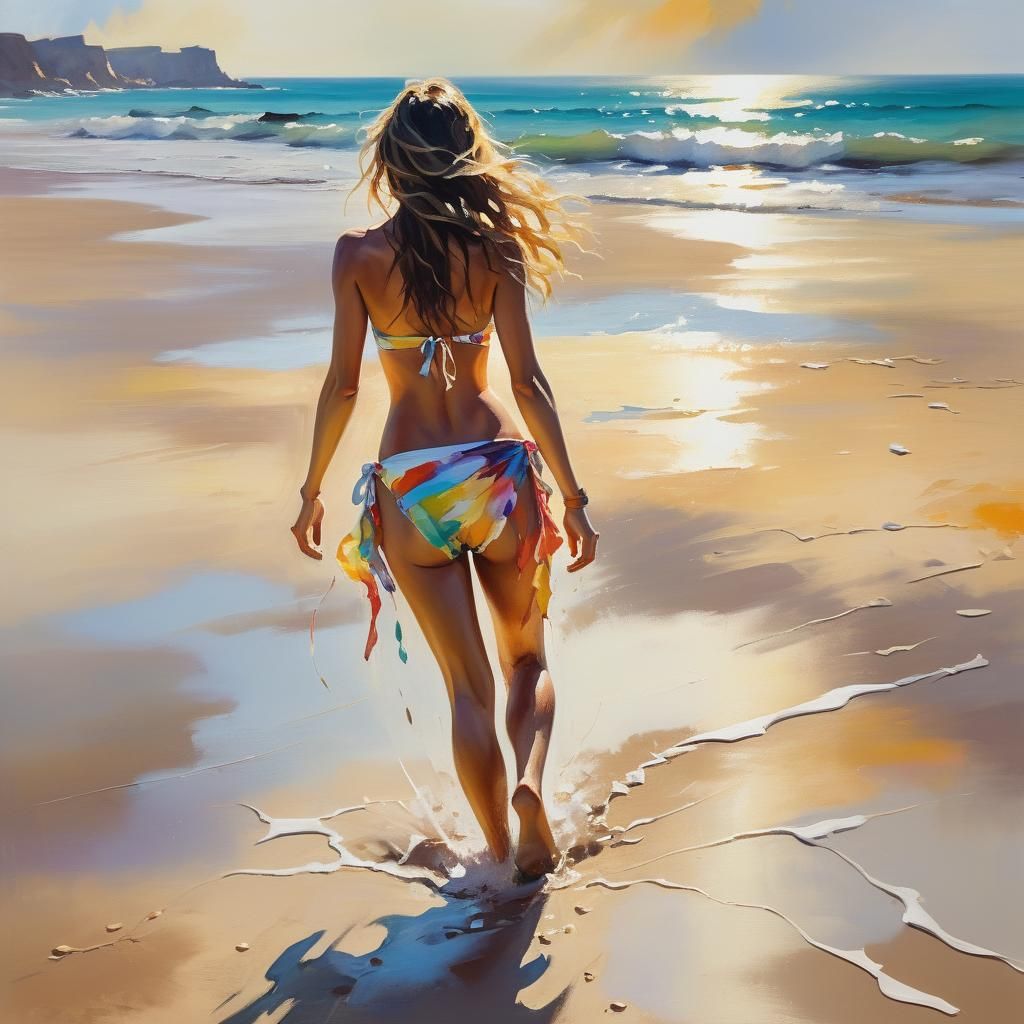 Bikini Girl on Deserted Beach in Impressionist Oil Painting