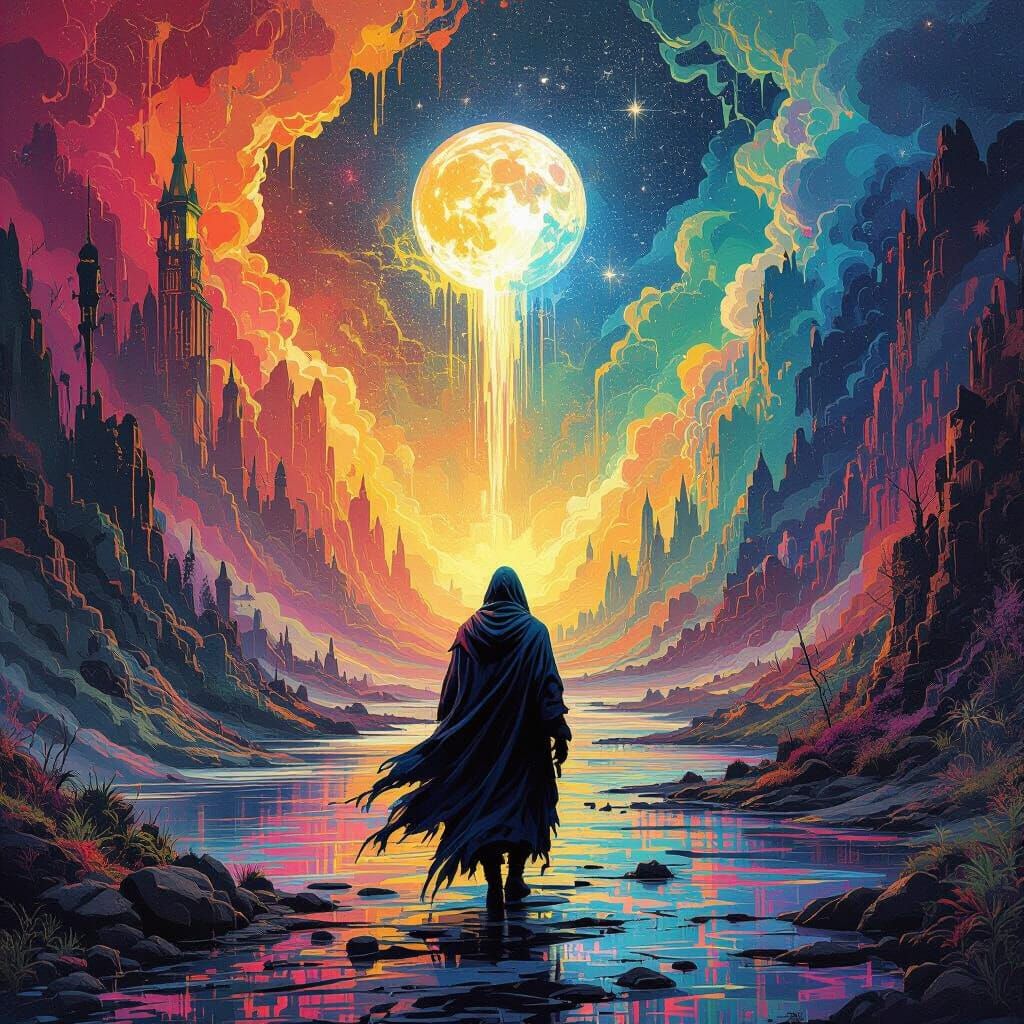 Mystical Figure's Dream Quest in Graffiti Art Style