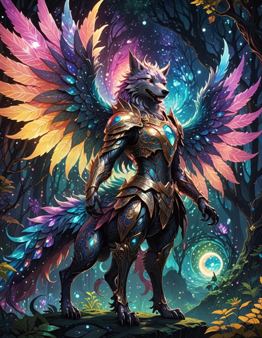 Surreal Wolf Dragon in Vibrant Moonlit Forest with Geometric...