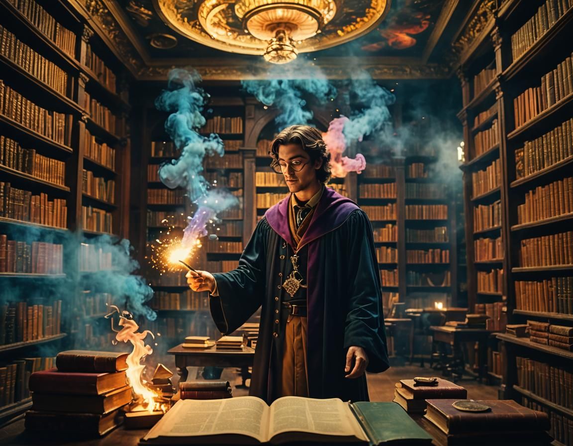 Young Wizard Practicing Spells in Magical Library