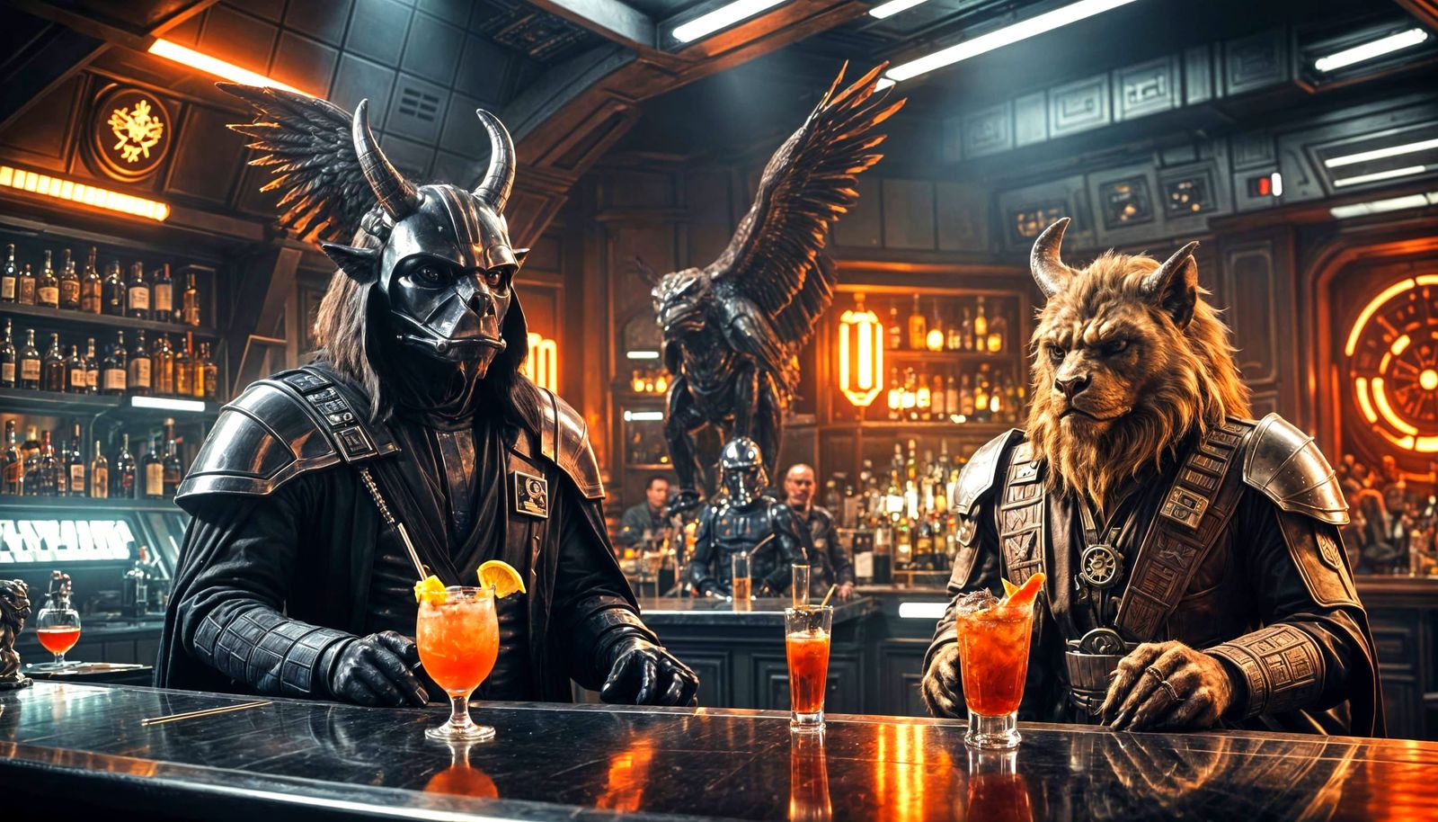 A photo of a snazzy bar on the Death Star. There's a griffin...