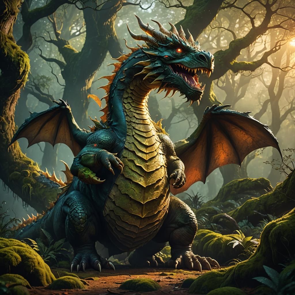 Majestic Dragon in Mystical Forest: Fantasy Art