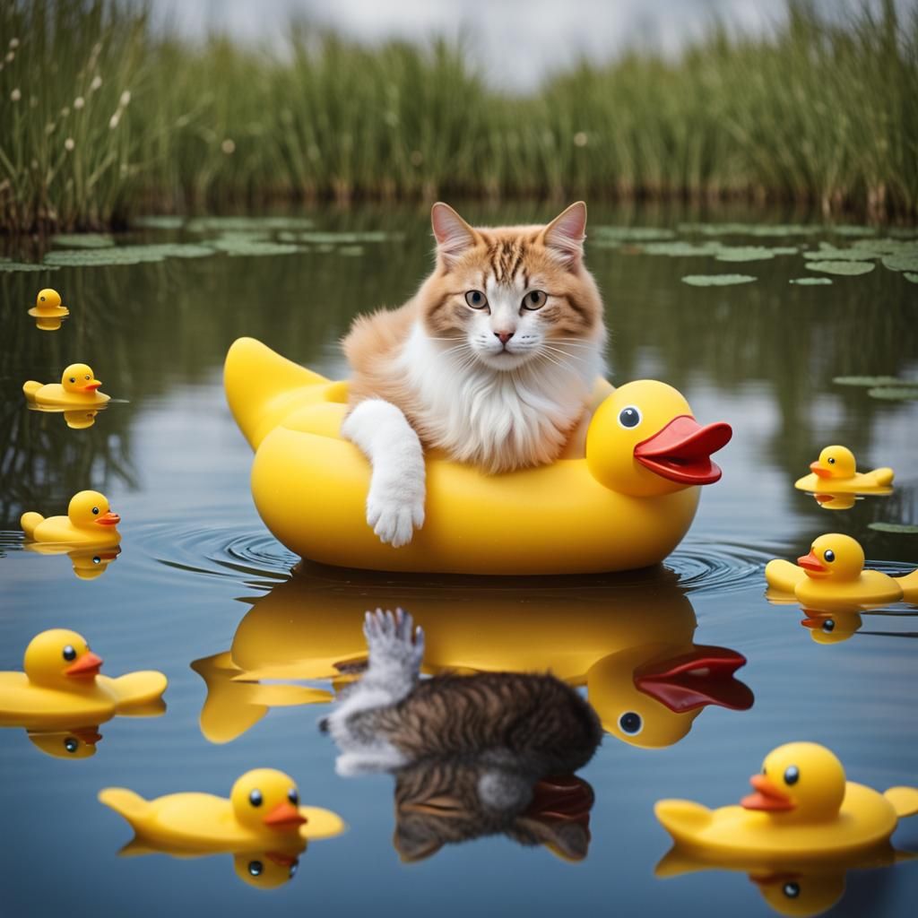 Surreal Cat Paddling in Rubber Duck Across Pond