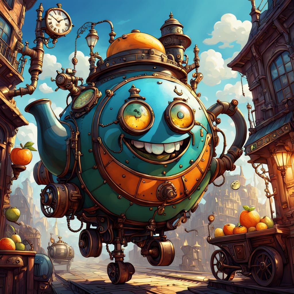 Cheerful Teapot and Friends in Vibrant Steampunk Scene