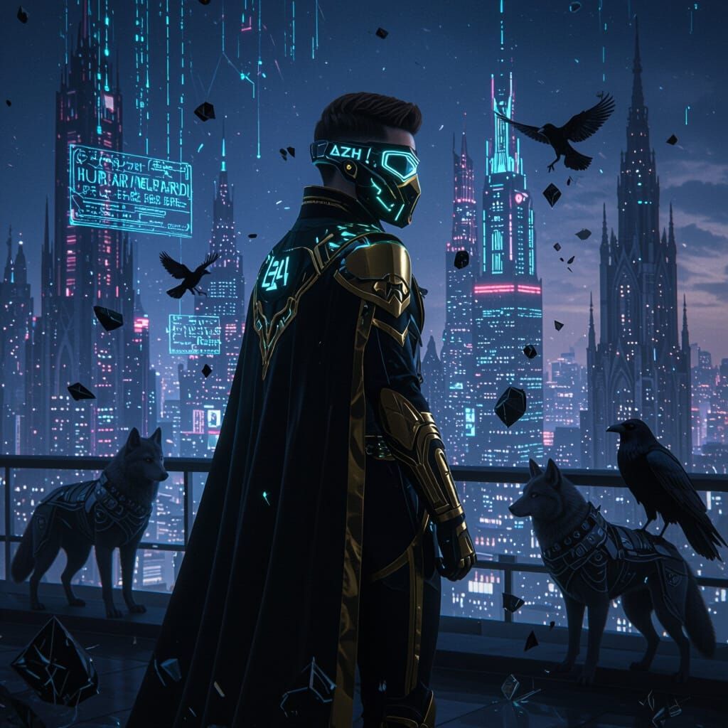 Cyberpunk Royal Stands on Skyscraper Balcony