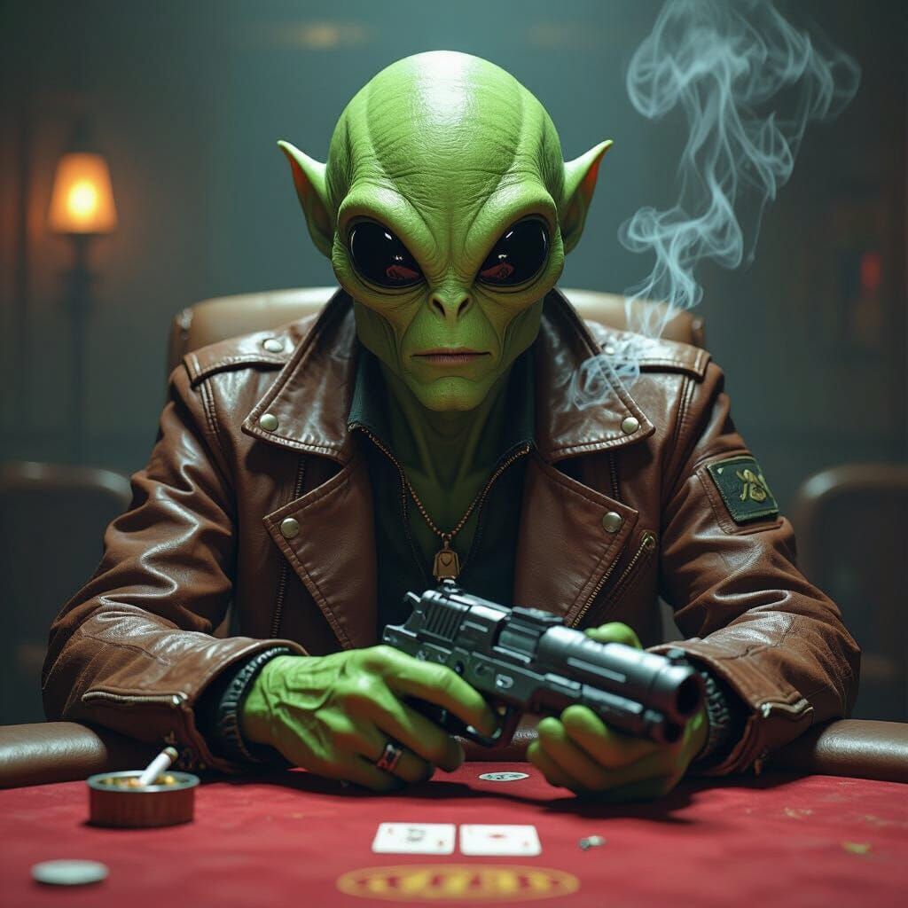 Alien Gambler with Ray Gun in Dimly Lit Poker Game