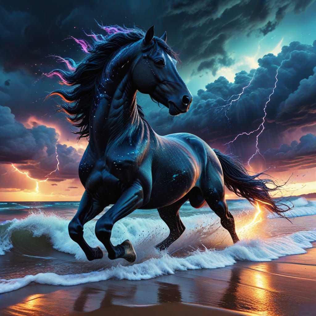 Cosmic Black Horse Galloping on Beach