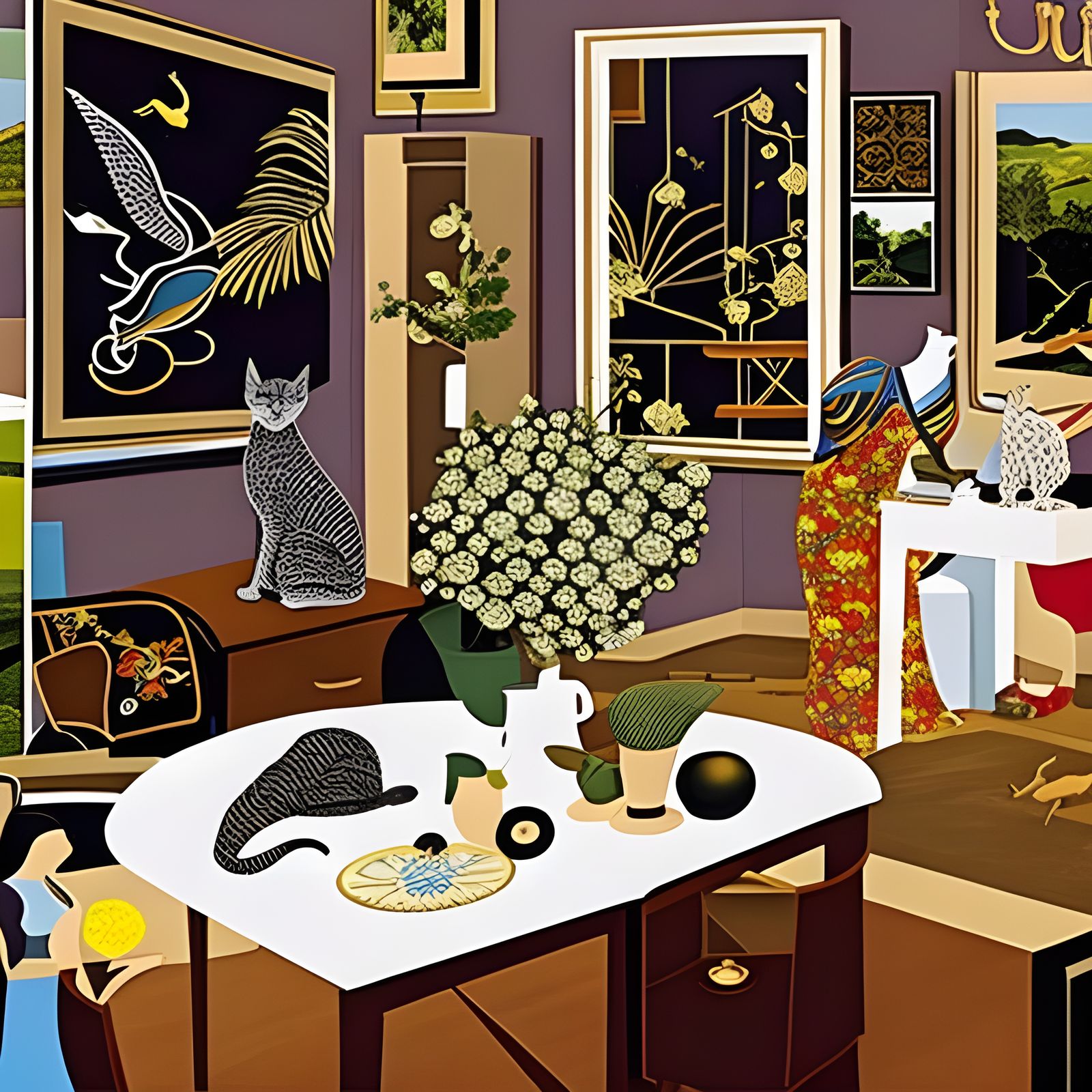 Cats on Antique Furniture in Dreamlike Abstract Style