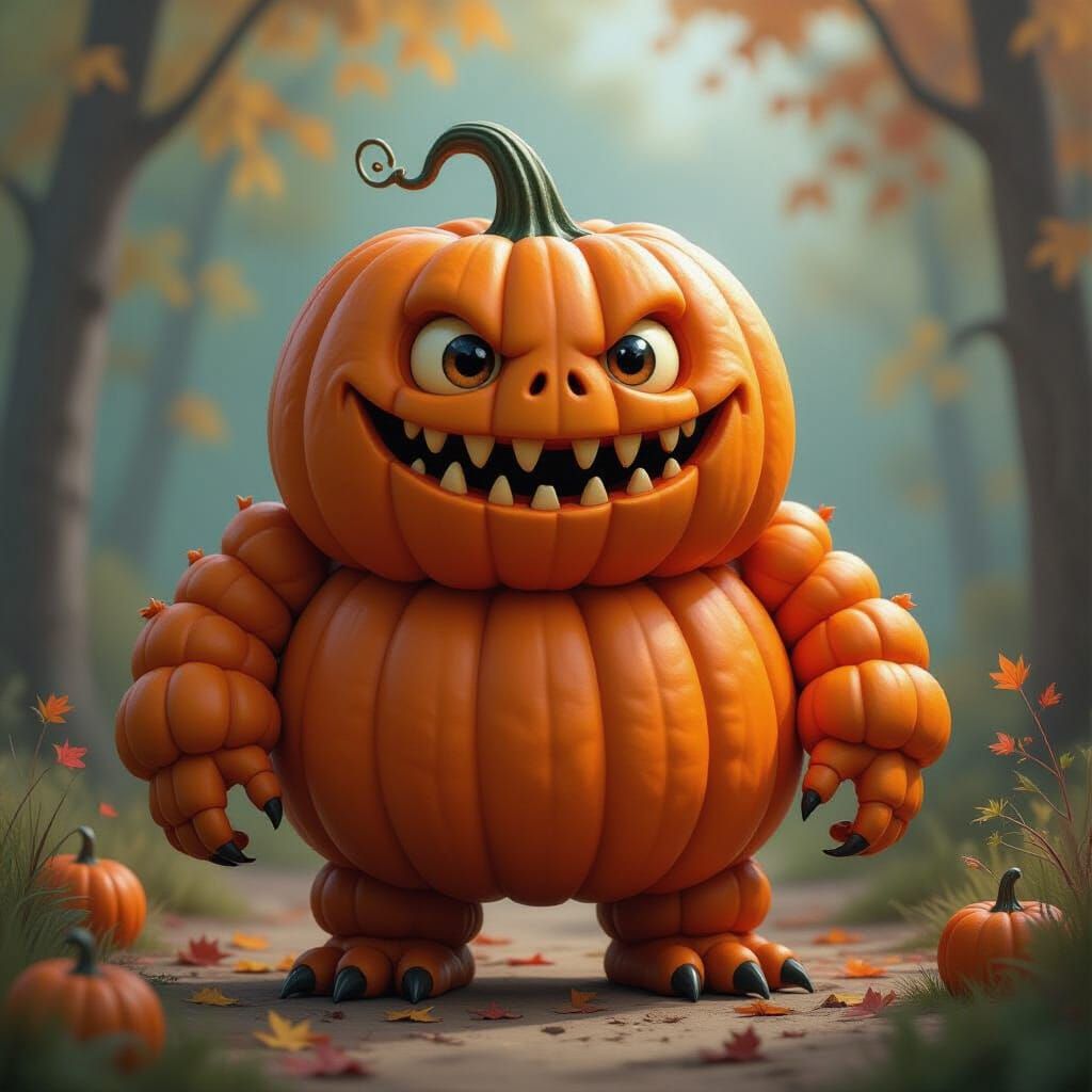 Friendly Pumpkin Monster in Vibrant Hyperrealistic Art