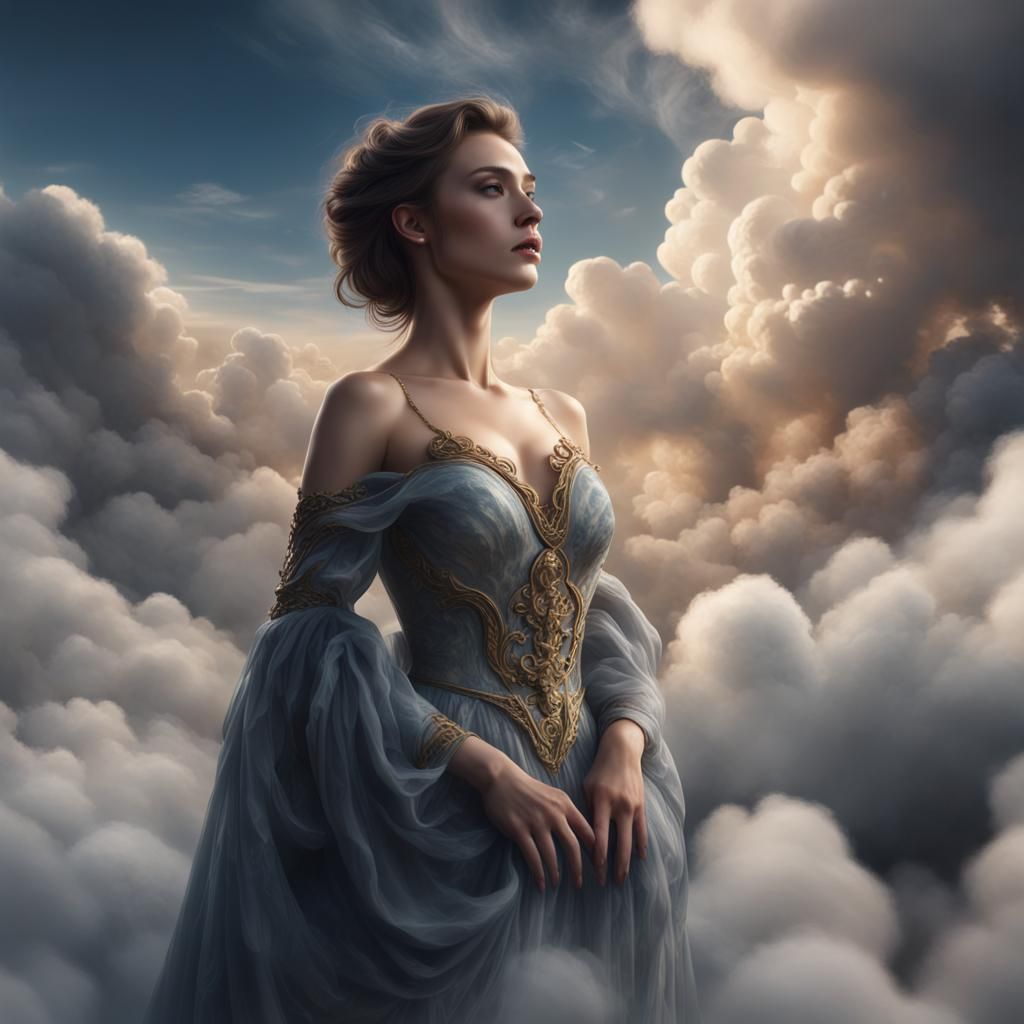 a beautiful woman, in the clouds