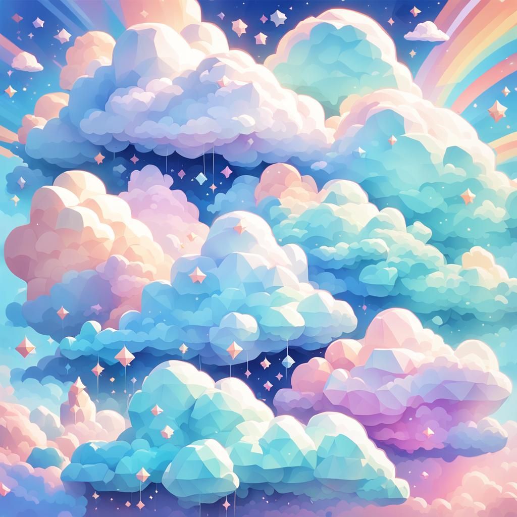 Kawaii Pastel Clouds and Stars in Low-Poly Art