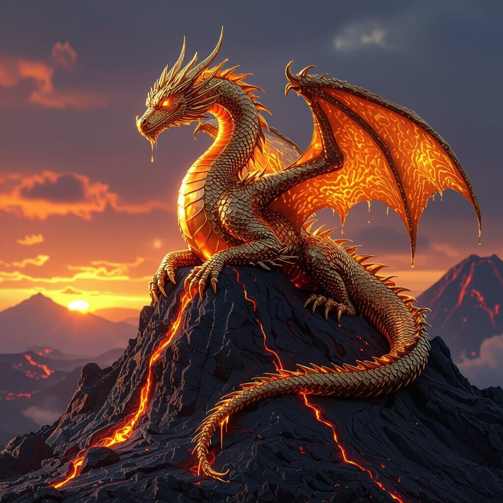 Majestic Molten Gold Dragon in Fiery Sunset