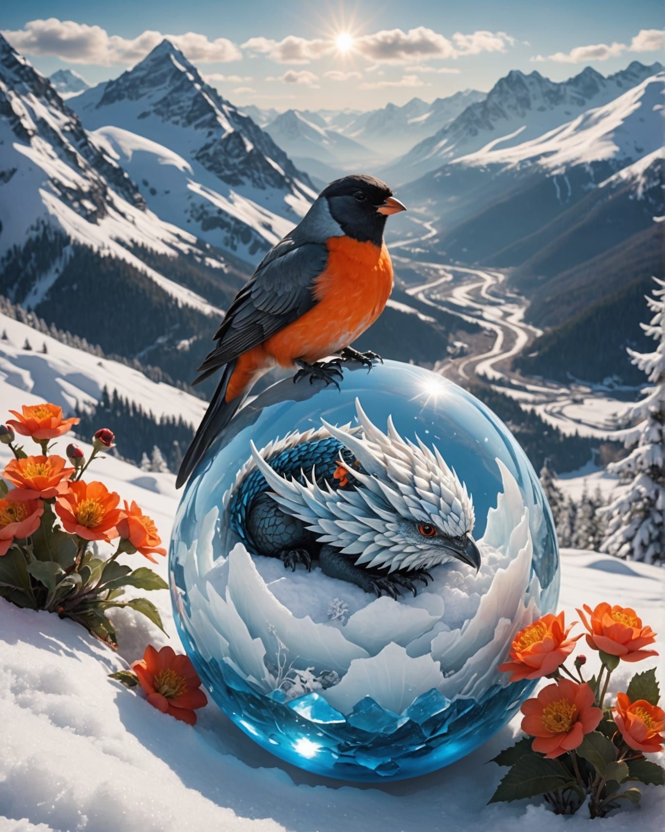 Ice Dragons Sleeping in Winter Mountain Valley