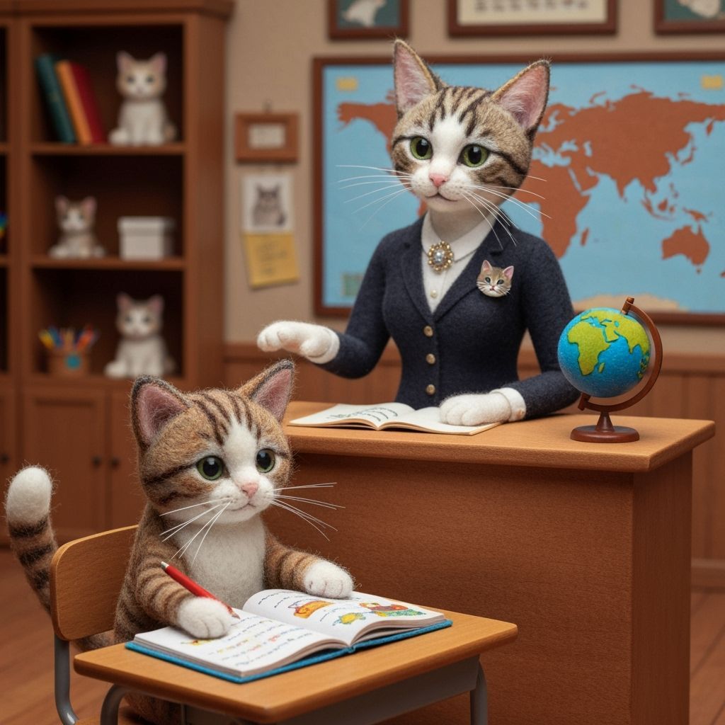 Felted kitten attending school, female cat teacher at the fr...