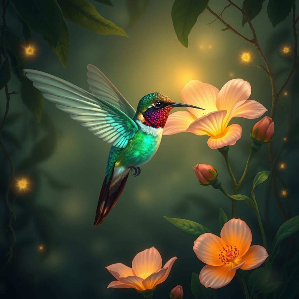 Bioluminescent Hummingbird in Art Nouveau Jungle