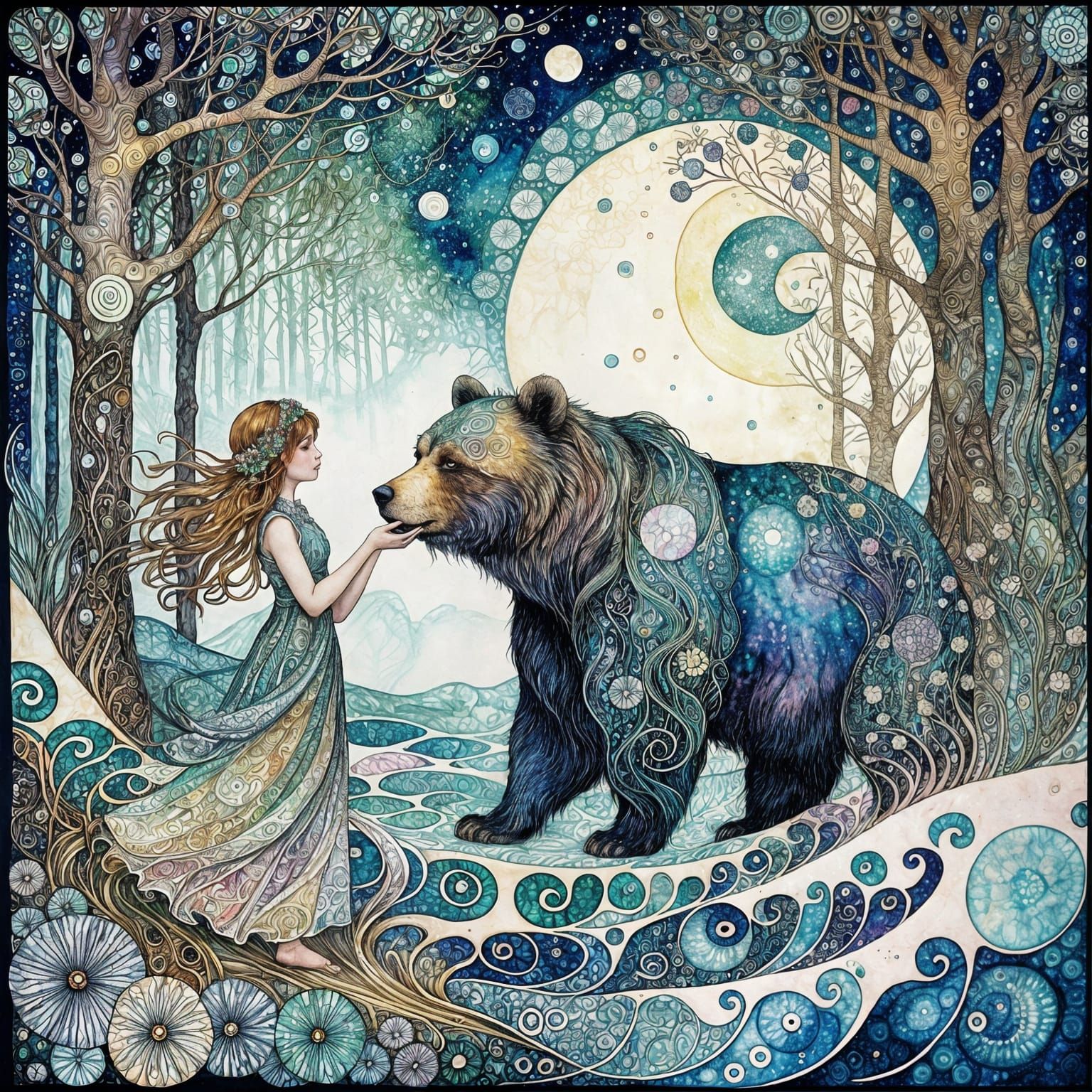 Girl Meets Bear: Art Nouveau Fairytale in Watercolor