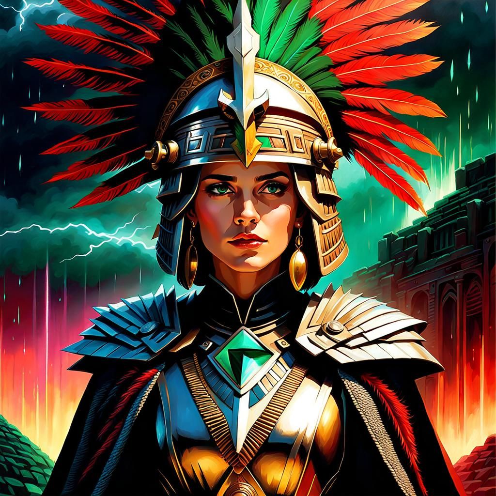 Woman in Cybernetic Armor with Aztec Headdress