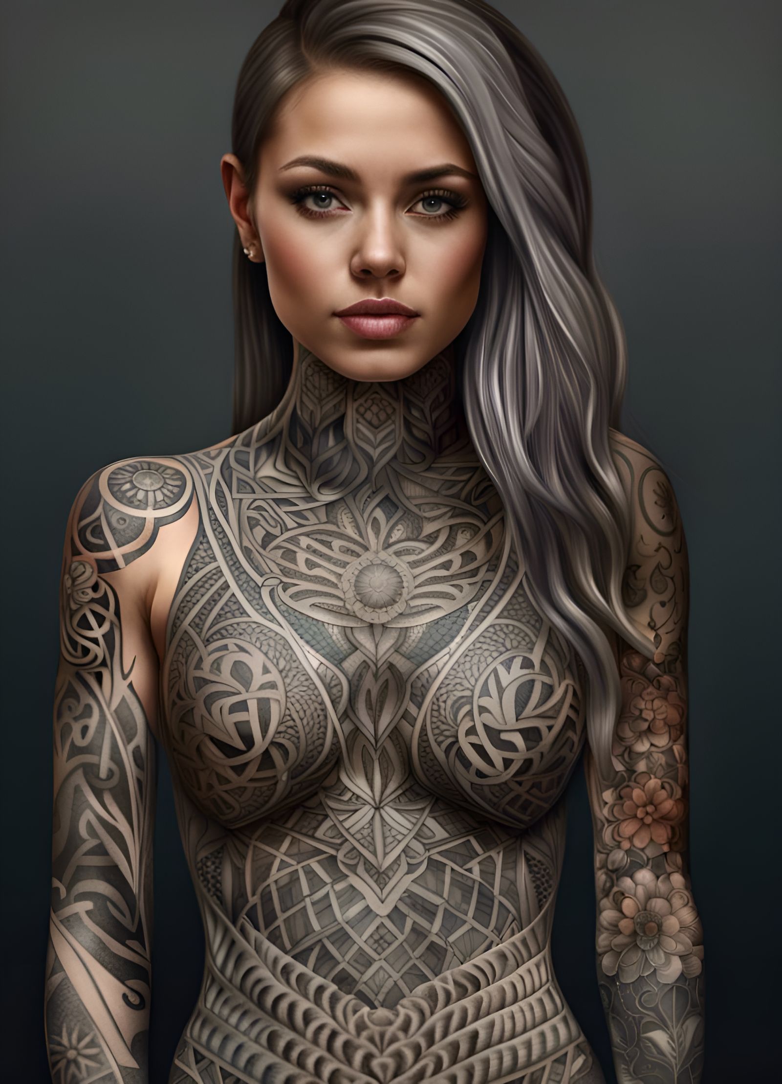 Intricate Tattooed Girl: Hyperrealistic Full Body View