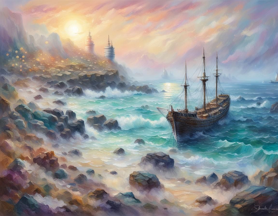 Ethereal Seascape with Ship: Hyperdetailed Fantasy Art