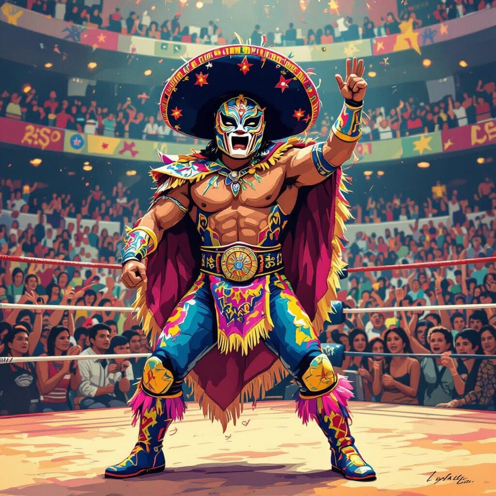 Lucha Libre Wrestler in Crowded Mexican Arena
