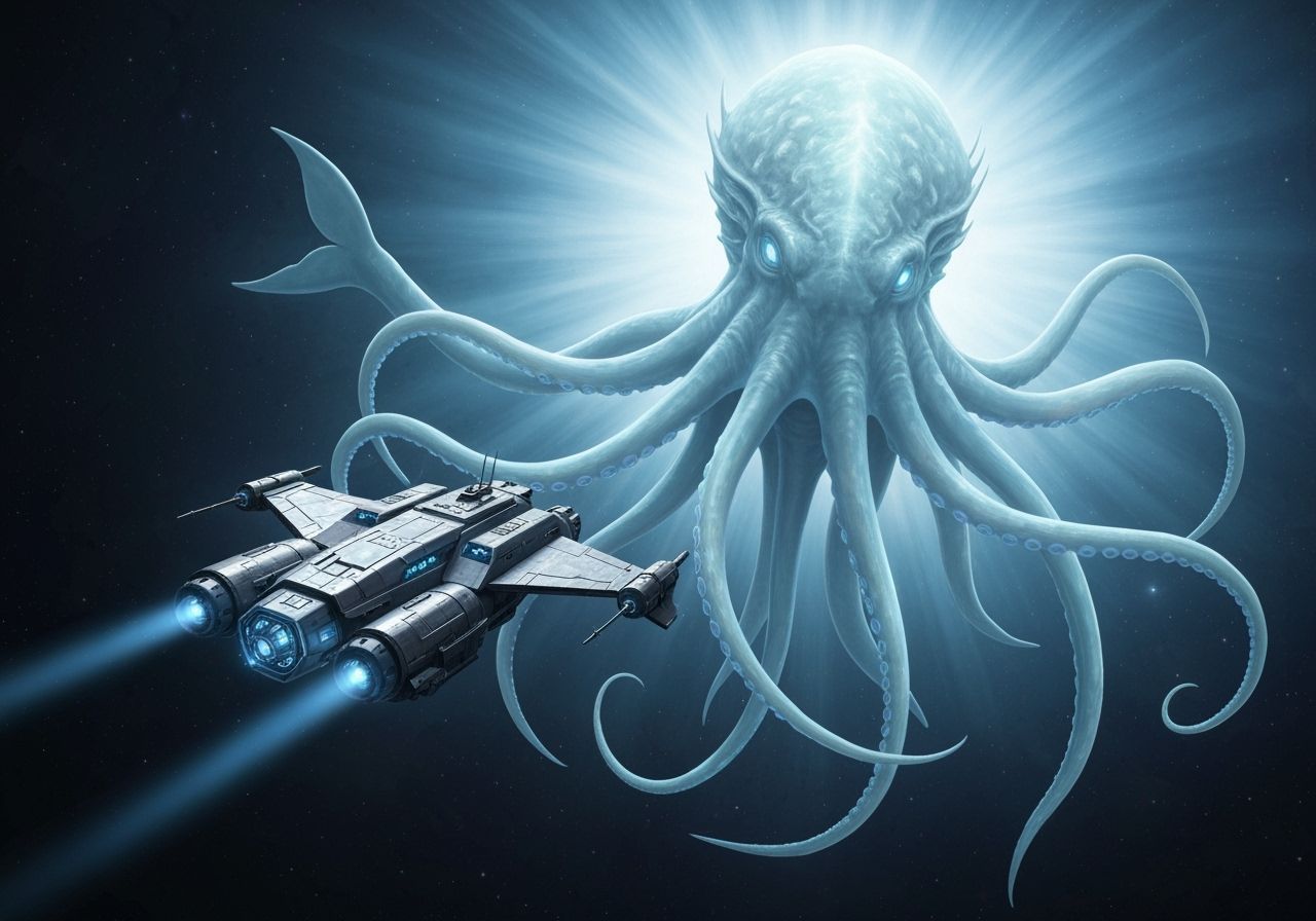 Sleek Spaceship Soaring Beside Bioluminescent Alien Creature