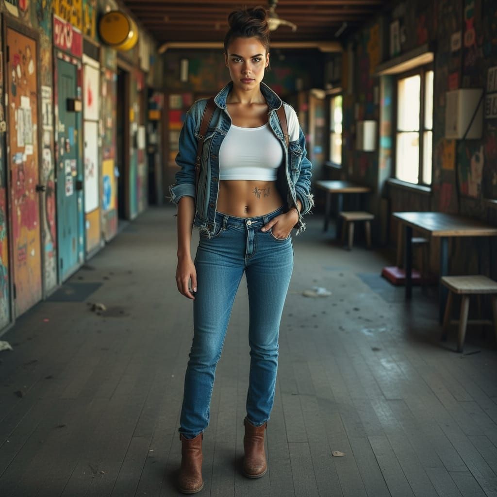 Curvy Skinhead Woman in Denim Jacket
