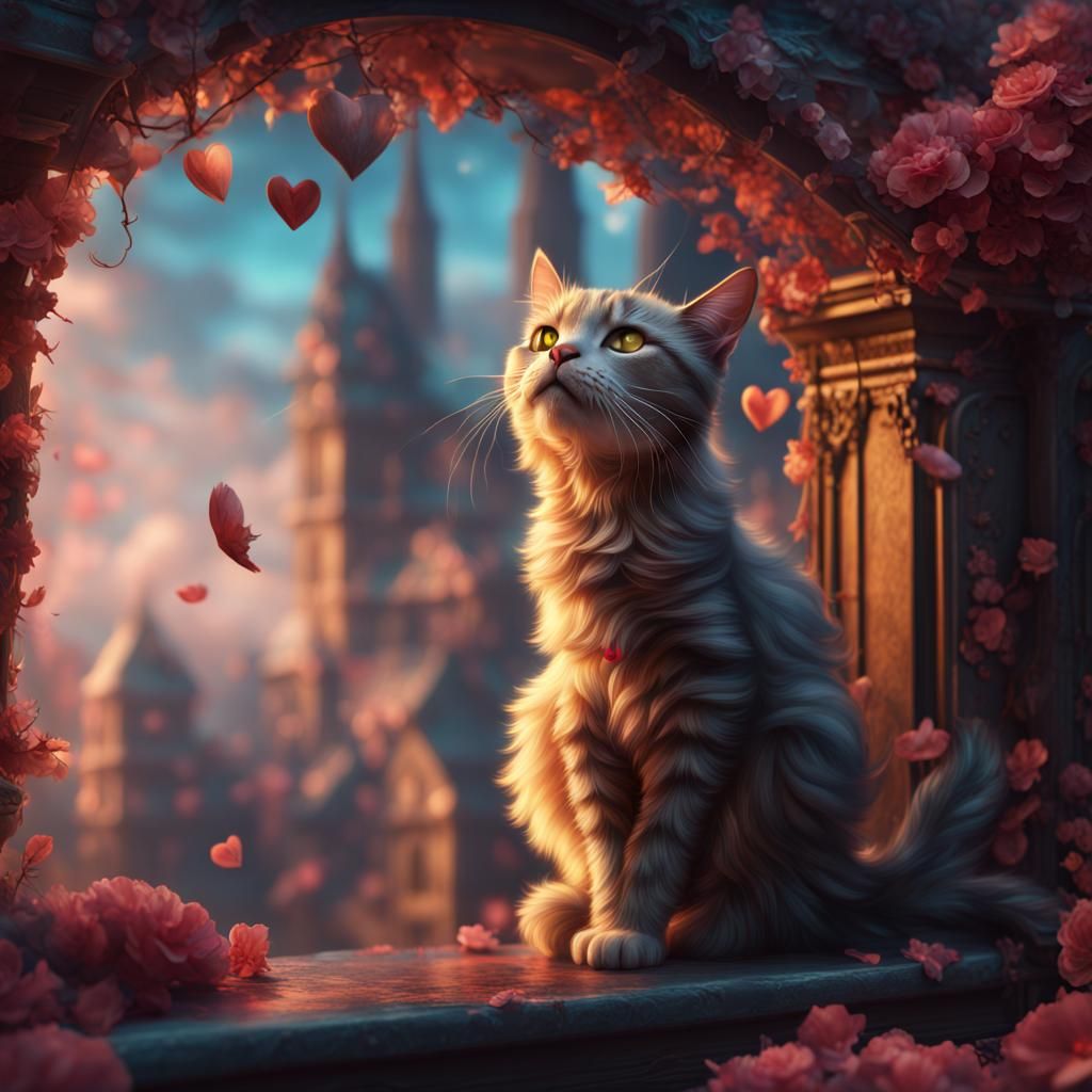 Cat's Fantastical Love: A Detailed Matte Painting