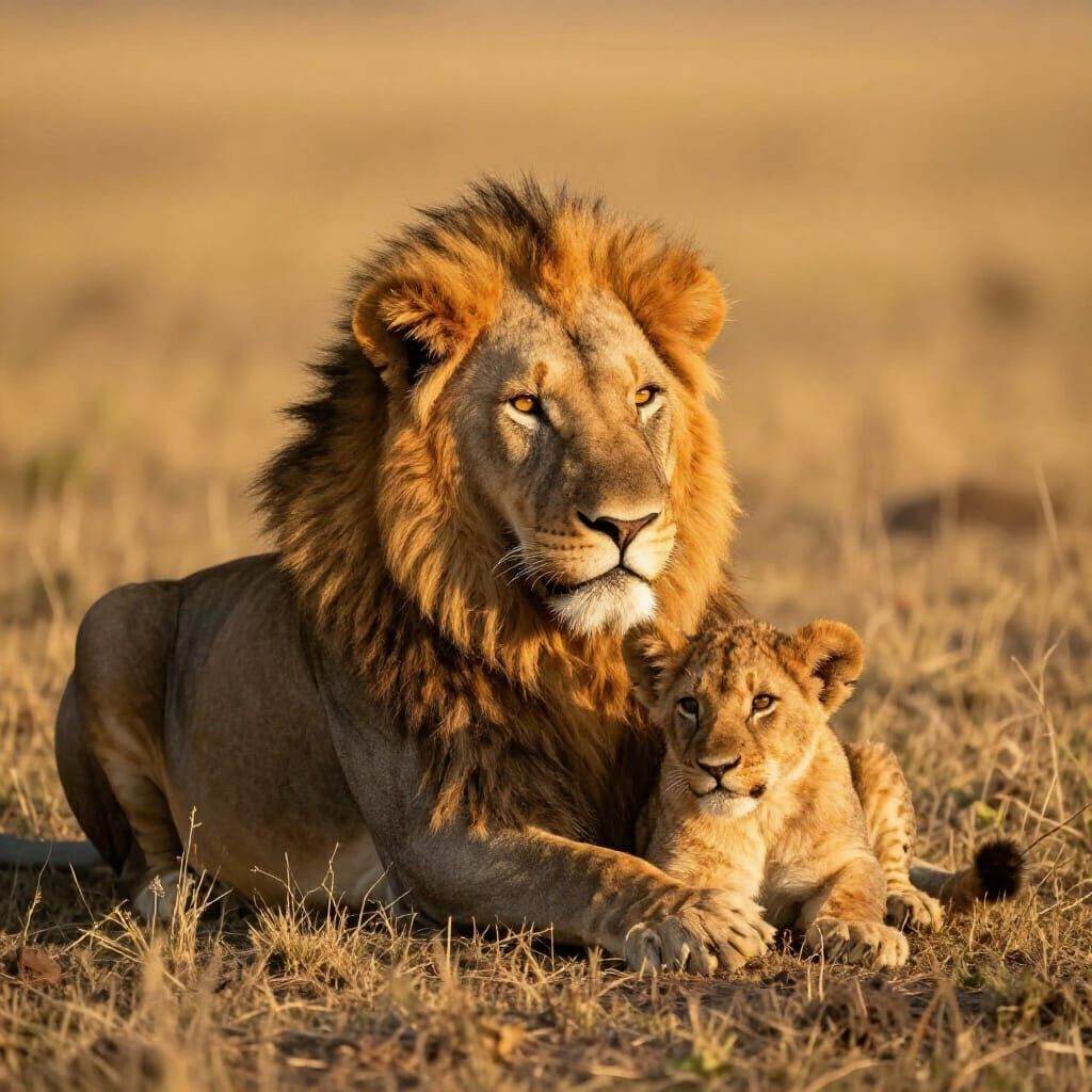 Majestic Lion and Cub in Golden Hour Savanna