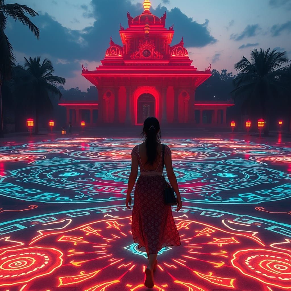 Temple Dawn: Nano-Drone Art in Futuristic Style