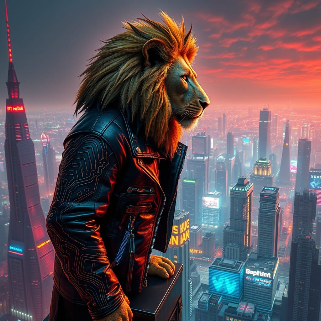 Cyberpunk Lion Overlooking Neon Cityscape