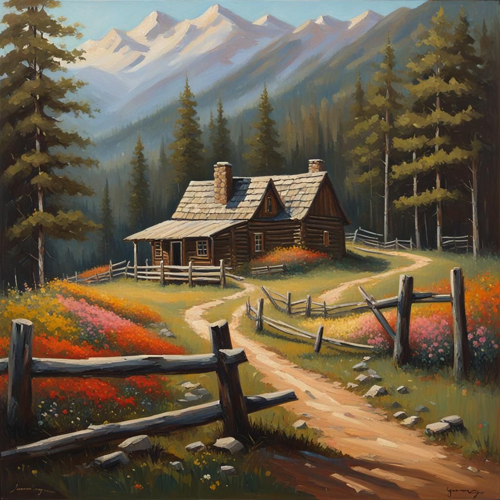 Mountain Cabin Surrounded by Woods, Oil Painting